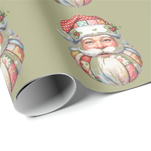Patchwork Santa Claus Christmas Retro Geschenkpapier (Rolleneckpunkt)