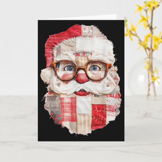 Patchwork Santa Claus Face Preppy Girly Christmas Karte (Gelbe Blume)