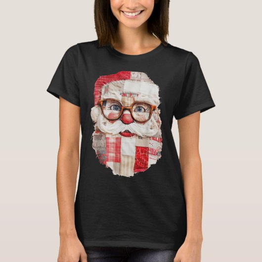 Patchwork Santa Claus Face Preppy Girly Christmas T-Shirt (Vorderseite)