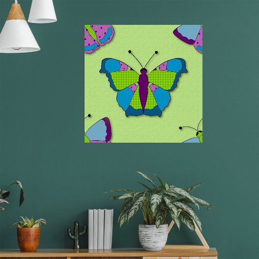Patchwork-Schmetterlingsmuster auf Grün Poster