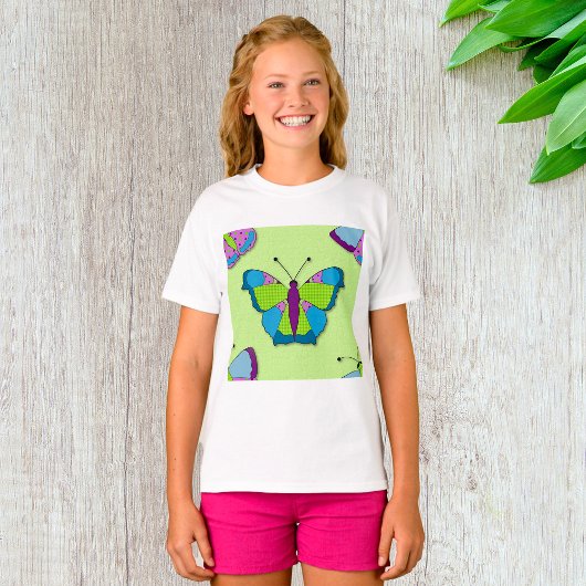 Patchwork-Schmetterlingsmuster auf Grün T-Shirt