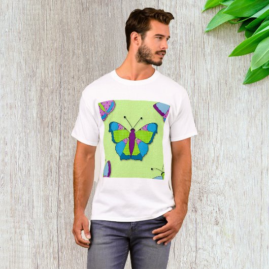 Patchwork-Schmetterlingsmuster auf Grün T-Shirt