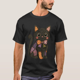 Patchwork-Schwarze-Katze-Herbst-gemütliche-Jahresz T-Shirt