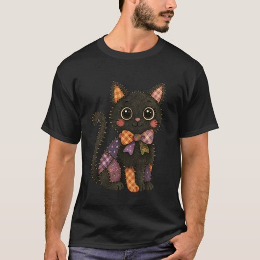 Patchwork-Schwarze-Katze-Herbst-gemütliche-Jahresz T-Shirt (Vorderseite)