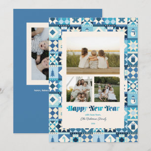 Patchwork Silvester Schattierungen von Blau Drei F Feiertagskarte