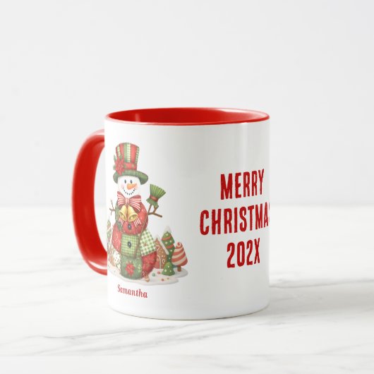 Patchwork Snowman Christmas Tasse (Vorderseite Links)