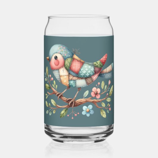 Patchwork Songbird auf der blühenden Zweigstelle Dosenglas (Vorderseite)