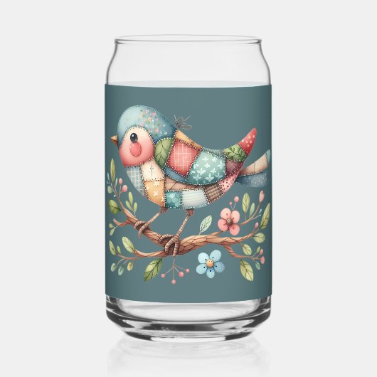 Patchwork Songbird auf der blühenden Zweigstelle Dosenglas (Rückseite)