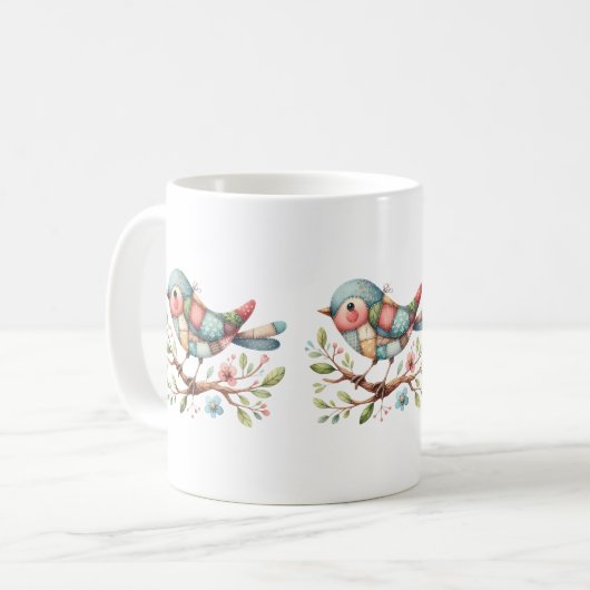 Patchwork Songbird auf der blühenden Zweigstelle Kaffeetasse (Vorderseite Links)