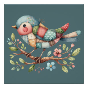 Patchwork Songbird auf der blühenden Zweigstelle Poster