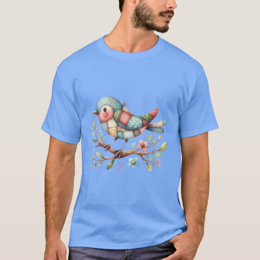 Patchwork Songbird auf der blühenden Zweigstelle T-Shirt (Vorderseite)