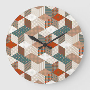 Patchwork Stars Vintag Brown Green Große Wanduhr