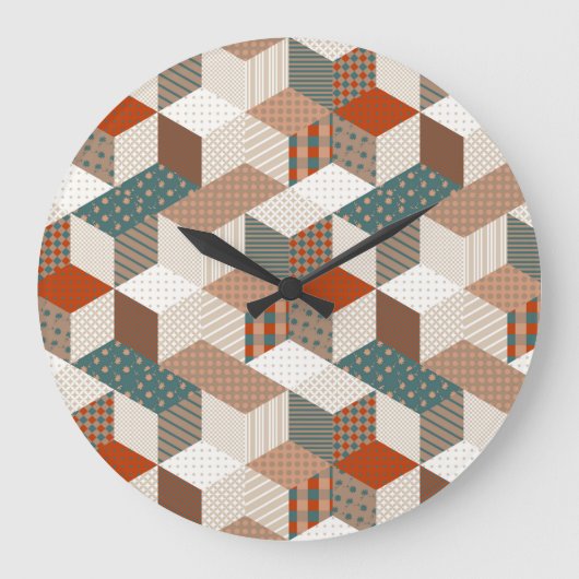 Patchwork Stars Vintag Brown Green Große Wanduhr (Vorderseite)