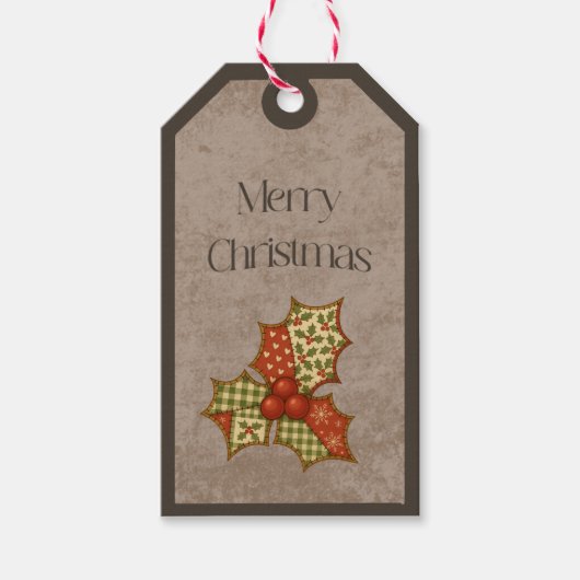 Patchwork-Stechpalme in Weihnachtsfarben Geschenka Geschenkanhänger (Vorderseite)