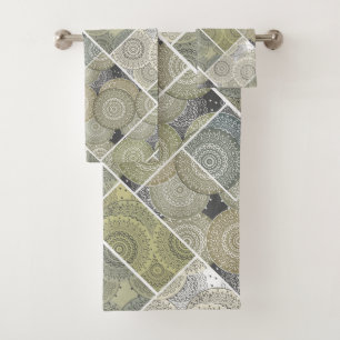 Patchwork Steppdecke Keramik Fliesen Kreise Mandal Badhandtuch Set