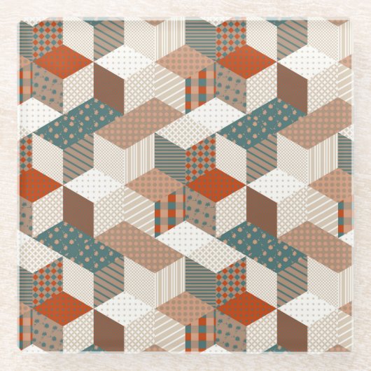 Patchwork-Sterne Vintage Braun Grün Glasuntersetzer (Vorderseite)