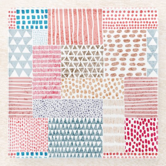 Patchwork-Stil Süßes Doodle-Muster Glasuntersetzer (Vorderseite)