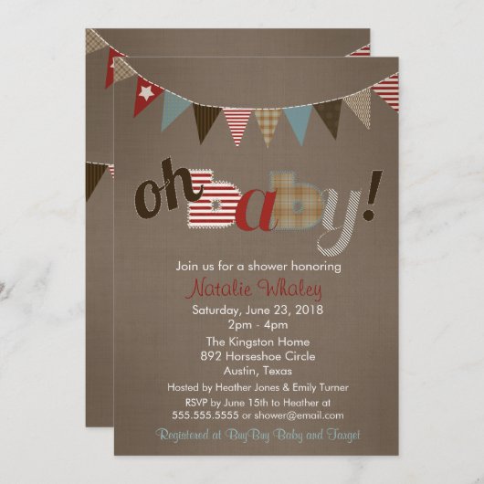 Patchwork Stitch Rustic Quilt Banner Babydusche Einladung (Vorne/Hinten)