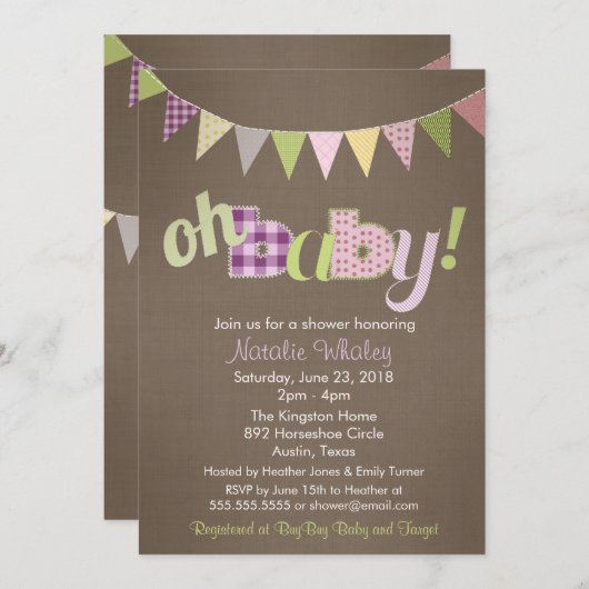 Patchwork Stitch Rustic Quilt Banner Babydusche Einladung (Vorne/Hinten)