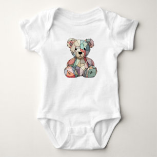 Patchwork Style Baby Bear & Heart Motif Strampler