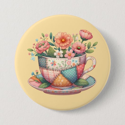Patchwork-Teacup mit Whimsical-Blume Button (Vorderseite)