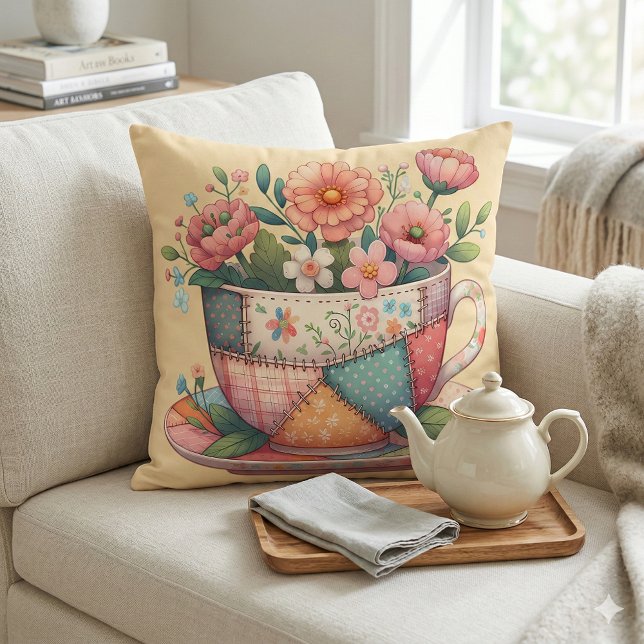 Patchwork-Teacup mit Whimsical-Blume Kissen (Patchwork Teacup with Whimsical Flowers Throw Pillow Mockup A)