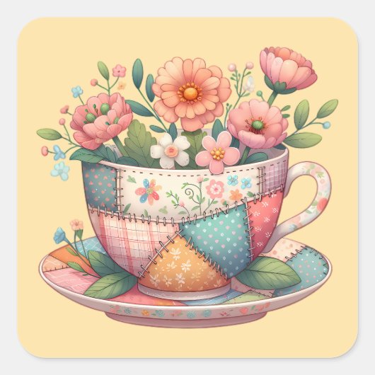 Patchwork-Teacup mit Whimsical-Blume Quadratischer Aufkleber (Vorderseite)