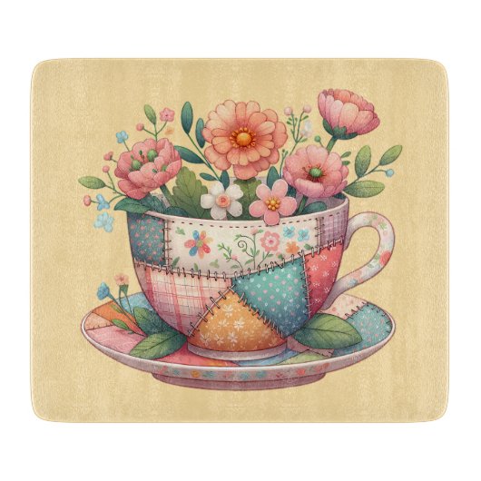 Patchwork-Teacup mit Whimsical-Blume Schneidebrett (Vorderseite)