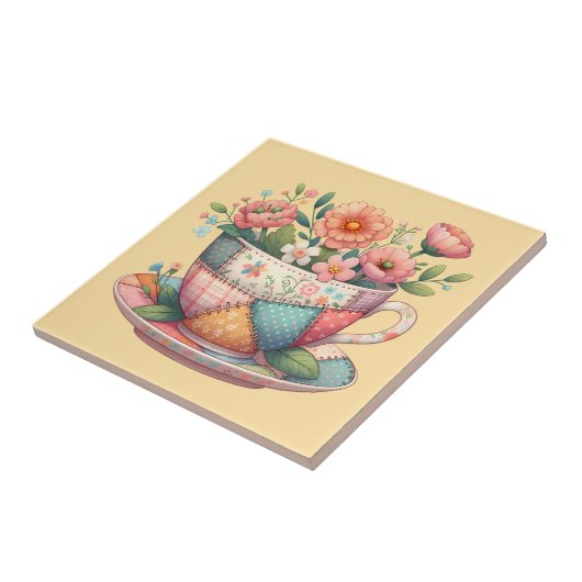 Patchwork Teacup with Whimsical Flowers Fliese (Seite)
