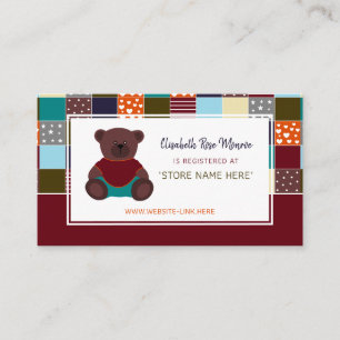 Patchwork Teddy Bear, Baby Show Geschenkregister Begleitkarte