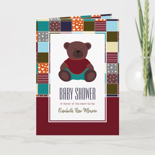 Patchwork Teddy Bear, Baby Shower Einladung (Vorderseite)