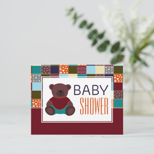 Patchwork Teddy Bear, Baby Shower Einladung (Stehend Vorderseite)