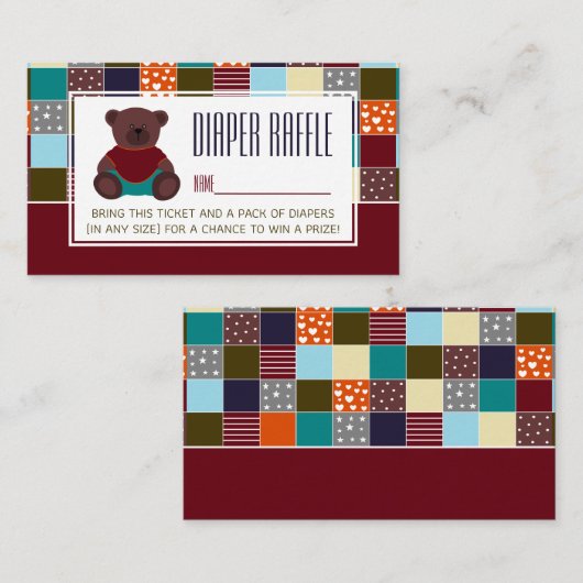 Patchwork Teddy Bear, Baby Shower Raffle Ticket Begleitkarte (Vorne/Hinten)
