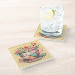Patchwork-Teetasse mit fantastischen Blumen Glasuntersetzer