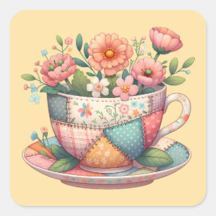 Patchwork-Teetasse mit fantastischen Blumen Quadratischer Aufkleber