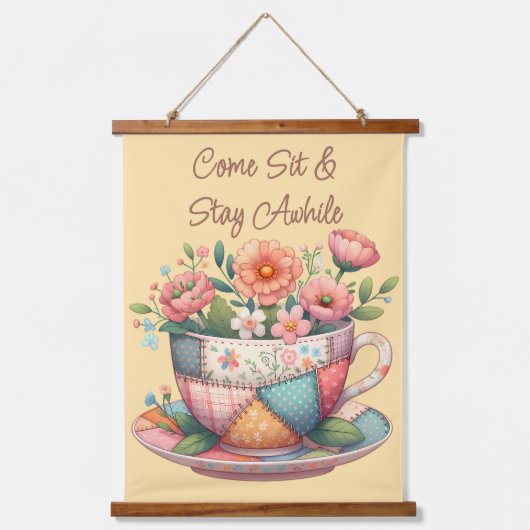 Patchwork-Teetasse mit fantastischen Blumen Wandteppich Mit Holzrahmen (Vorderseite)