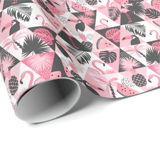 Patchwork Tropical: Flamingo Watermelon Nahtlos. Geschenkpapier (Rolleneckpunkt)