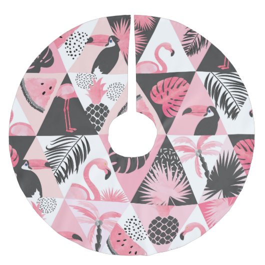 Patchwork Tropical: Flamingo Watermelon Nahtlos. Polyester Weihnachtsbaumdecke (Vorderseite)