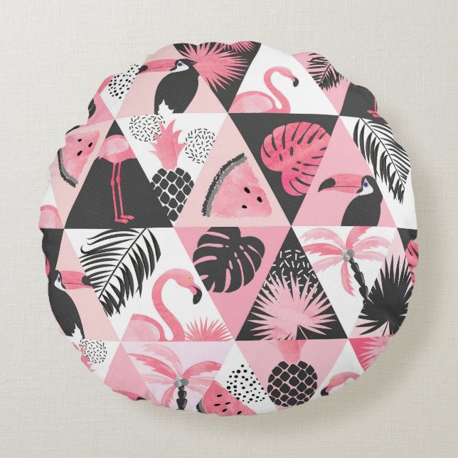 Patchwork Tropical: Flamingo Watermelon Nahtlos. Rundes Kissen (Vorderseite)