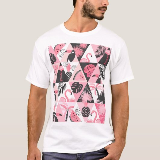 Patchwork Tropical: Flamingo Watermelon Nahtlos. T-Shirt (Vorderseite)