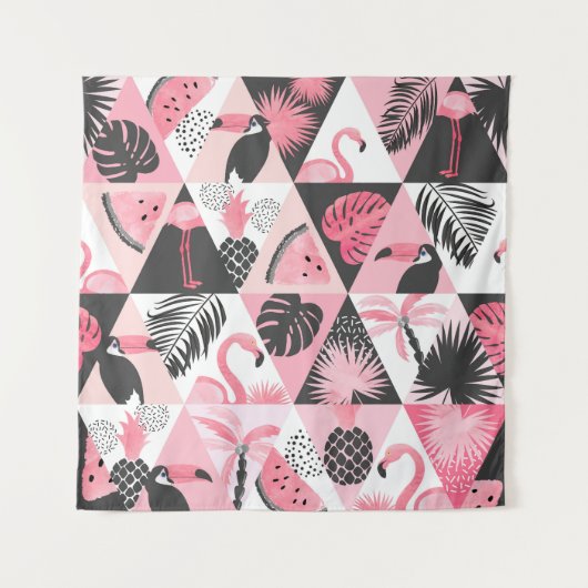 Patchwork Tropical: Flamingo Watermelon Nahtlos. Wandteppich (Vorderseite)