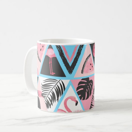 Patchwork tropischen Flamingo, Palmmuster. Kaffeetasse (Vorderseite Links)
