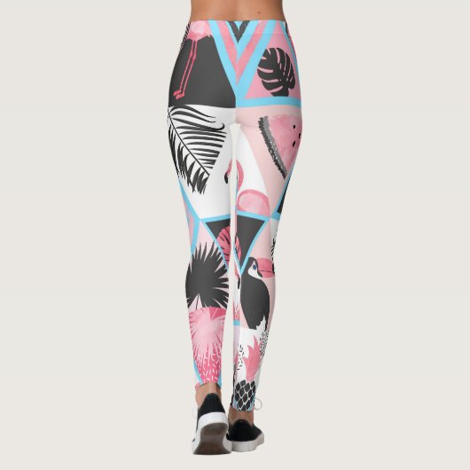 Patchwork tropischen Flamingo, Palmmuster. Leggings (Rückseite)