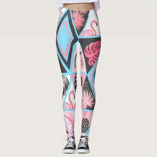 Patchwork tropischen Flamingo, Palmmuster. Leggings (Vorderseite)