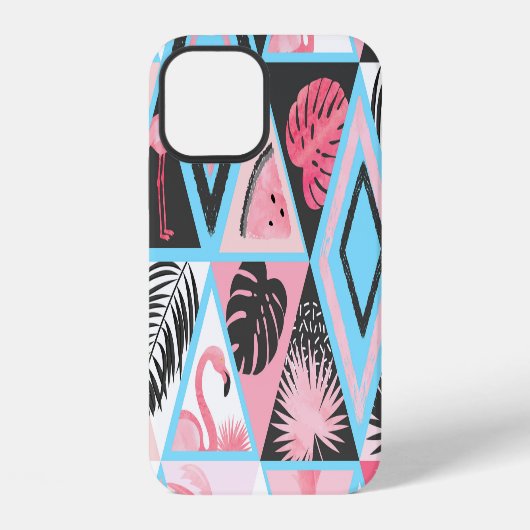 Patchwork tropischer Flamingo, Palmwedelmuster. iPhone Hülle (Rückseite)