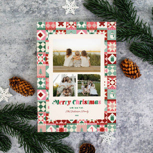 Patchwork-Weihnachten Pink Rot Grün Drei Fotos Feiertagskarte