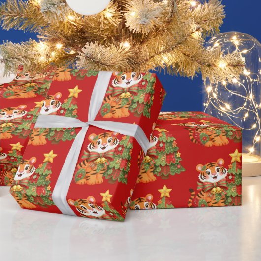 Patchwork Weihnachts Tiger mit Weihnachtsbaum Geschenkpapier (Feiertage)