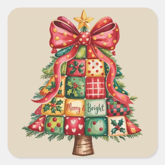 Patchwork Weihnachtsbaum Coquette Xmas Tree Quadratischer Aufkleber (Vorderseite)