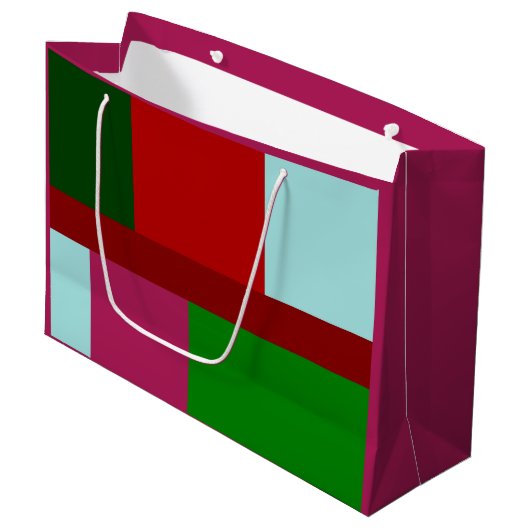 Patchwork Weihnachtsrot blau grün heiß rosa Große Geschenktüte (Vorderseite Schrägansicht)