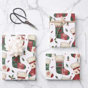 Patchwork-Weihnachtsstrümpfe Rot Grün Weiß Geschenkpapier Set